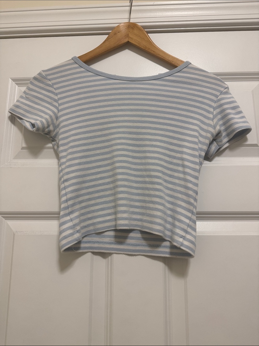 Brandy Melville Light Blue and White Striped Cropped Tee